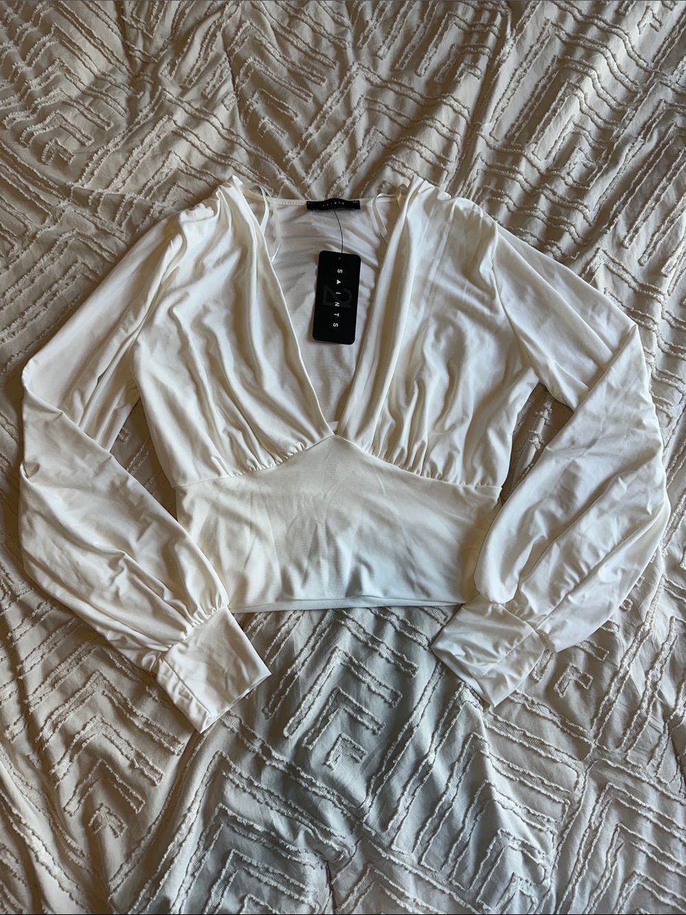 Women's White Long-Sleeve V-Neck Wrap Top